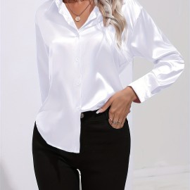 Solid Smoothly Shirt, Elegant Button Front Turn Down Collar Long Sleeve Shirt, Women's Clothing