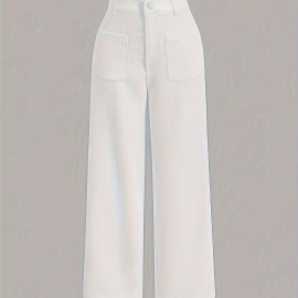 Solid Corduroy Straight Leg Pants, Vintage Patched Pocket Loose Pants, Women's Clothing