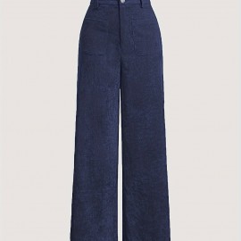 Solid Corduroy Straight Leg Pants, Vintage Patched Pocket Loose Pants, Women's Clothing