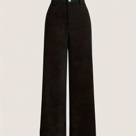 Solid Corduroy Straight Leg Pants, Vintage Patched Pocket Loose Pants, Women's Clothing