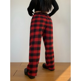 Plaid Print Straight Leg Pants, Casual Drawstring Waist Comfy Pants, Women's Clothing