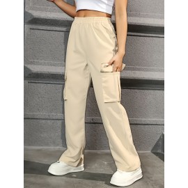 Straight Leg Cargo Pants, Y2K High Waist Solid Pants For Spring & Fall, Women's Clothing