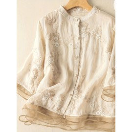 Contrast Trim Button Front Blouse, Casual Three-quarter Sleeve Blouse For Spring & Summer, Women's Clothing