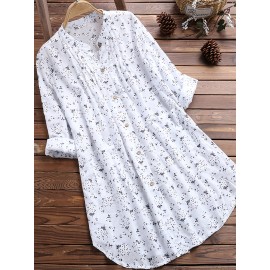 Floral Print Pleated V-neck Long Blouses, Casual Loose Button Down Long Sleeve Fashion Long Shirts Tops, Women's Clothing
