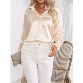 Solid Smoothly Shirt, Elegant Button Front Turn Down Collar Long Sleeve Shirt, Women's Clothing