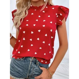 Heart Print Ruffle Trim Blouse, Casual Pleated Crew Neck Blouse For Spring & Summer, Women's Clothing