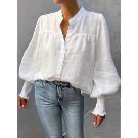Lantern Sleeve Shirred Blouse, Casual Button Front Solid Blouse, Women's Clothing
