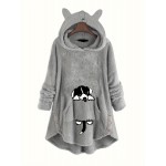 Cat Pattern Print Asymmetrical Loose Hoodie, Casual Printed Long Sleeve Hoodie, Women's Clothing