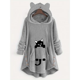 Fuzzy Cat Ear Hoodie, Loose Oversized Front Pocket Hooded Sweater, Loungewear & Casual Tops For Winter, Women's Clothing