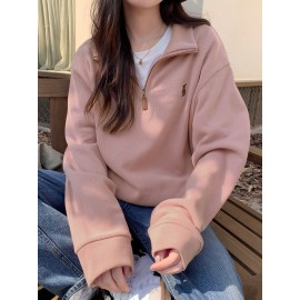 Solid Zip Front Pullover Sweatshirt, Casual Long Sleeve Sweatshirt For Fall & Winter, Women's Clothing