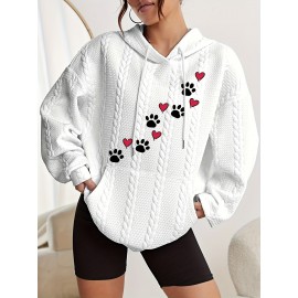 Paw & Heart Print Kangaroo Pocket Hoodie, Casual Long Sleeve Drawstring Hoodie Sweatshirt, Women's Clothing