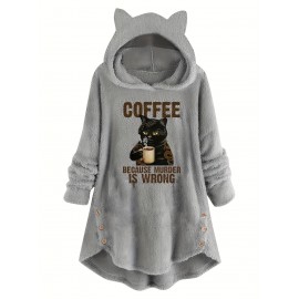 Cat & Slogan Print Teddy Hoodie, Casual Long Sleeve Button Decor Hoodie Sweatshirt, Women's Clothing