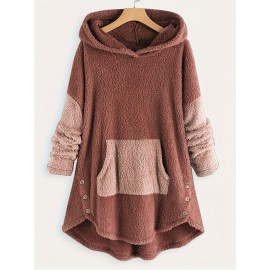 Color Block Kangaroo Pocket Hoodie, Long Sleeve Thermal Hoodies Sweatshirt, Women's Clothing