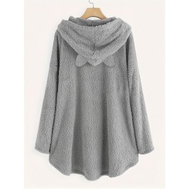 Animal Print Kangaroo Pocket Teddy Hoodie, Casual Long Sleeve Button Hoodie Sweatshirt, Women's Clothing