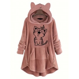 Cat & Butterfly Print Teddy Hoodie, Casual Long Sleeve Kangaroo Pocket Hoodie Sweatshirt, Women's Clothing