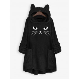 Cat Print Fuzzy Hoodie, Cute Long Sleeve Thermal Loose Sweatshirt With Pocket, Women's Clothing