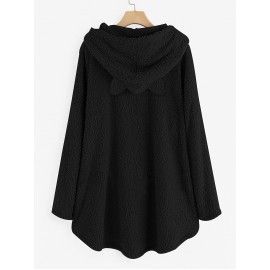Cat Print Fuzzy Hoodie, Cute Long Sleeve Thermal Loose Sweatshirt With Pocket, Women's Clothing
