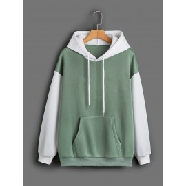 Color Block Kangaroo Pocket Hoodie, Casual Long Sleeve Drawstring Hoodie Sweatshirt, Women's Clothing