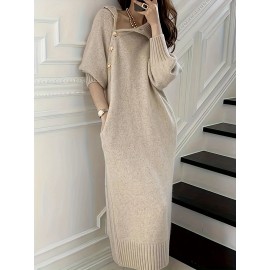 Solid Slant Button Belted Dress, Elegant Long Sleeve Maxi Dress For Fall & Winter, Women's Clothing