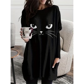 Cat Print Crew Neck Baggy Dress, Casual Long Sleeve Pocket Dress For Spring & Fall, Women's Clothing
