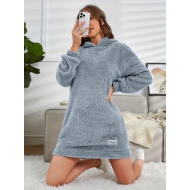 Fuzzy Solid Hooded Dress, Casual Long Sleeve Mini Dress, Women's Clothing