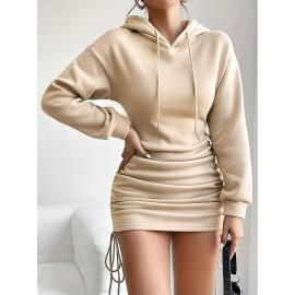 Drawstring Hoodie Ruched Dress, Casual Long Sleeve Dress For Spring & Fall, Women's Clothing