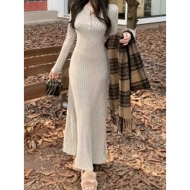 Ribbed V Neck Dress, Casual Long Sleeve Dress For Fall & Winter, Women's Clothing