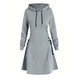 Drawstring Hooded Dress, Casual Long Sleeve Solid Dress, Women's Clothing