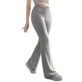 Solid Ribbed Knit Wide-Leg Pants, Causal High Waist Pants For Spring & Fall, Women's Clothing