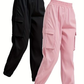 Solid Jogger Cargo Pants 2 Pack, Casual Flap Pocket Elastic Waist Pants, Women's Clothing