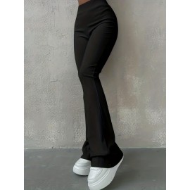 Solid Ribbed Flare Leg Pants, High Waist Slim Elastic Pants, Women's Clothing