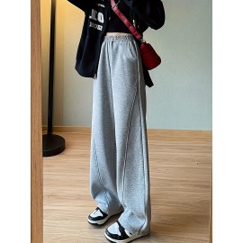 Solid Elastic High Waist Sweatpants, Casual Sporty Wide Leg Pants With Pocket, Women's Clothing