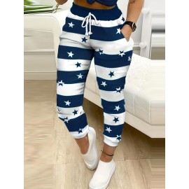 Striped & Star Print Drawstring Pants, Casual Pants For Spring & Summer, Women's Clothing