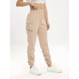 Ruched Solid Cargo Pants, Elegant High Waist Drawstring Pants With Pockets, Women's Clothing