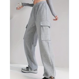Solid Flap Pocket Loose Cargo Sweatpants, Casual Drawstring Pants For Spring & Fall, Women's Clothing