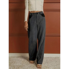 Ribbed Button Front Wide Leg Pants, Casual High Waist Pants, Women's Clothing