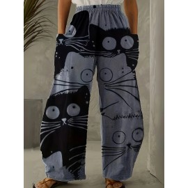 Graffiti Print Wide Leg Pants, Casual Elastic Waist Summer Pants With Pockets, Women's Clothing
