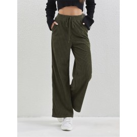 Solid Corduroy Straight Leg Pants, Casual High Waist Loose Pants With Pocket, Women's Clothing