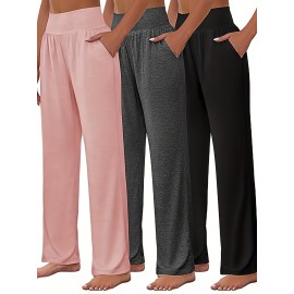 Solid High Waist Pants 3 Pack, Casual Comfy Straight Leg Pants, Women's Clothing