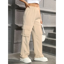 Straight Leg Cargo Pants, Y2K High Waist Solid Pants For Spring & Fall, Women's Clothing