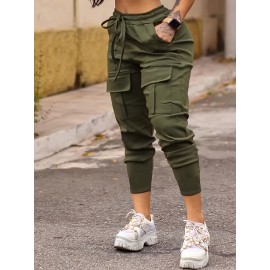 Solid Flap Pocket Jogger Cargo Pants, Casual Drawstring Pants For Spring & Fall, Women's Clothing