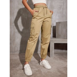 Y2K Solid Pockets Drawstring Cargo Pants, Casual Loose Baggy Pants For All Seasons, Women's Clothing