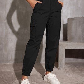 Y2K Solid Pockets Drawstring Cargo Pants, Casual Loose Baggy Pants For All Seasons, Women's Clothing