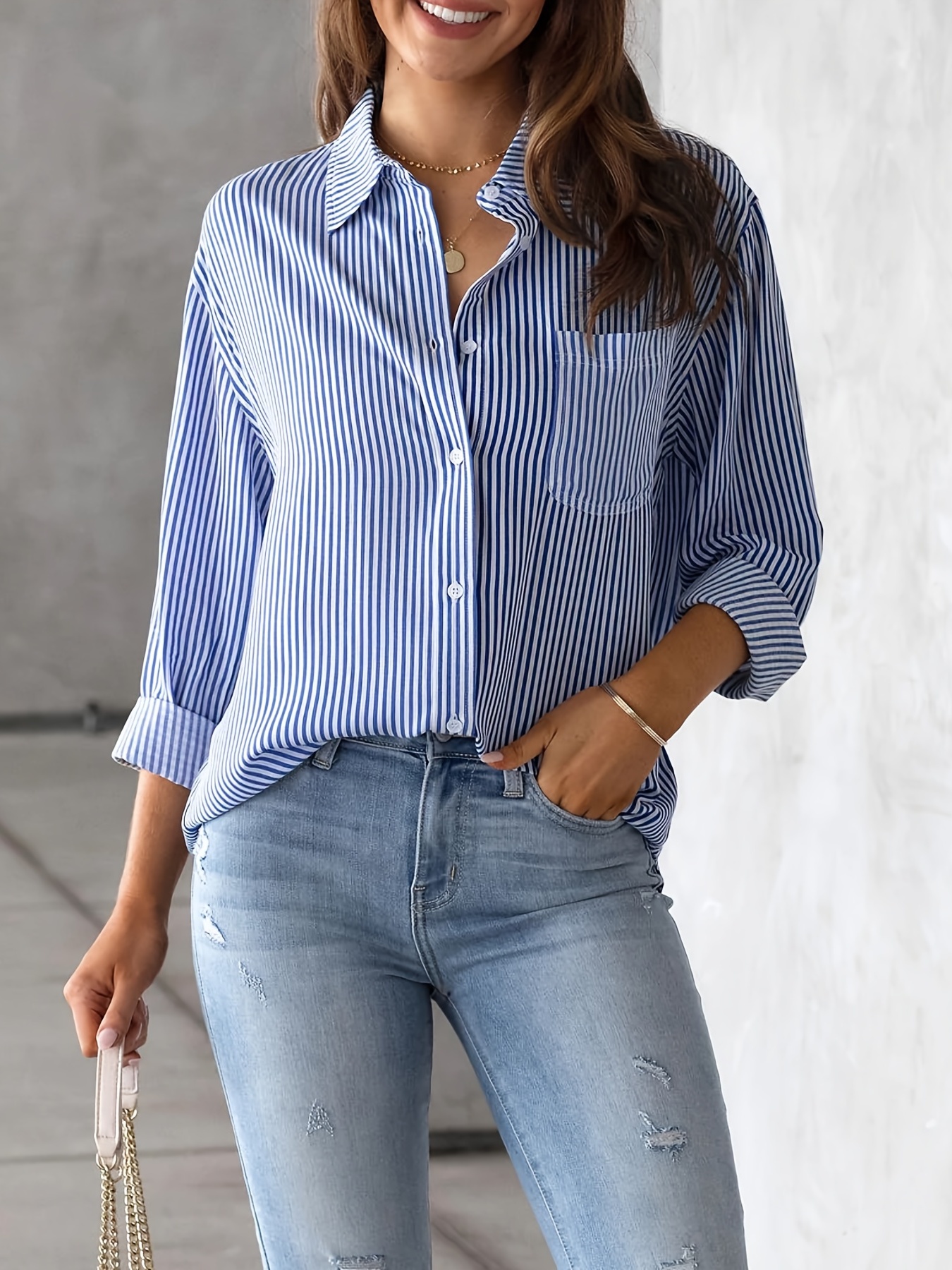 womens loose striped blouse crew neck long sleeve blouse casual every day blouse womens clothing details 18