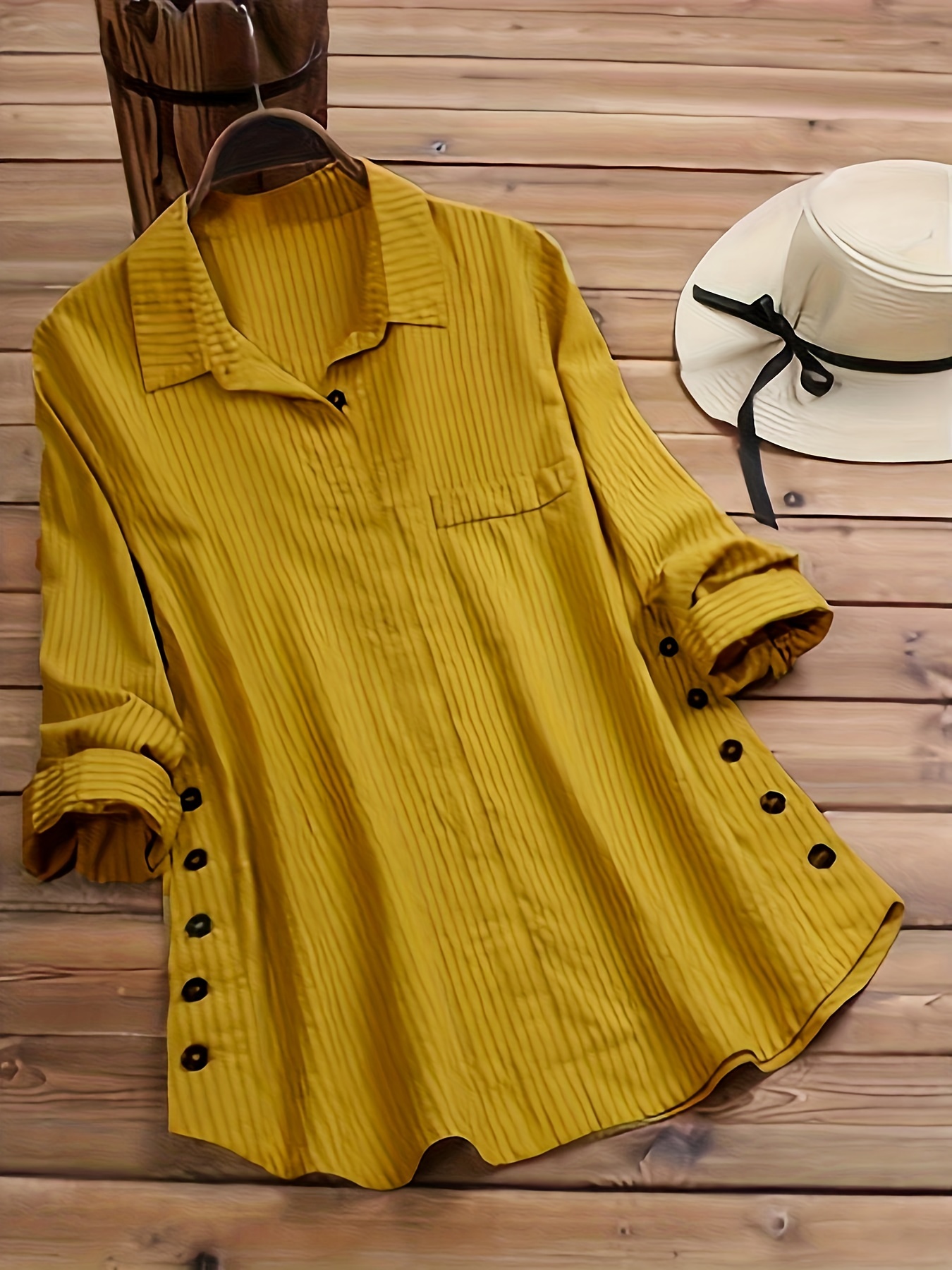 solid side button blouse boho collar rollable sleeve blouse womens clothing details 6