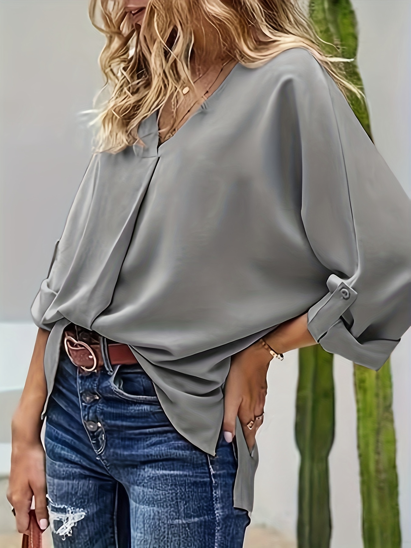 tucked rollable sleeve blouse casual v neck simple blouse womens clothing details 2