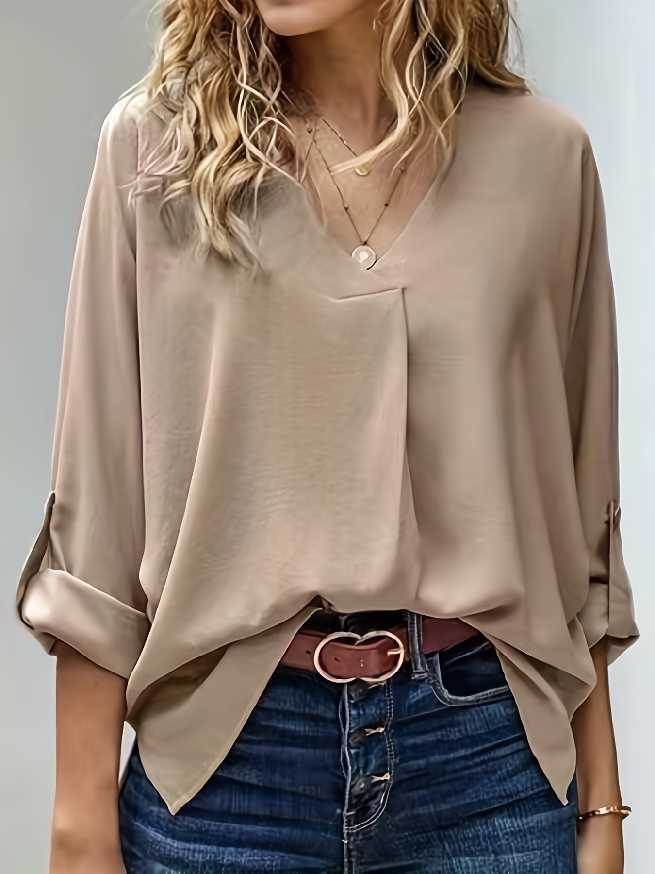 tucked rollable sleeve blouse casual v neck simple blouse womens clothing details 7