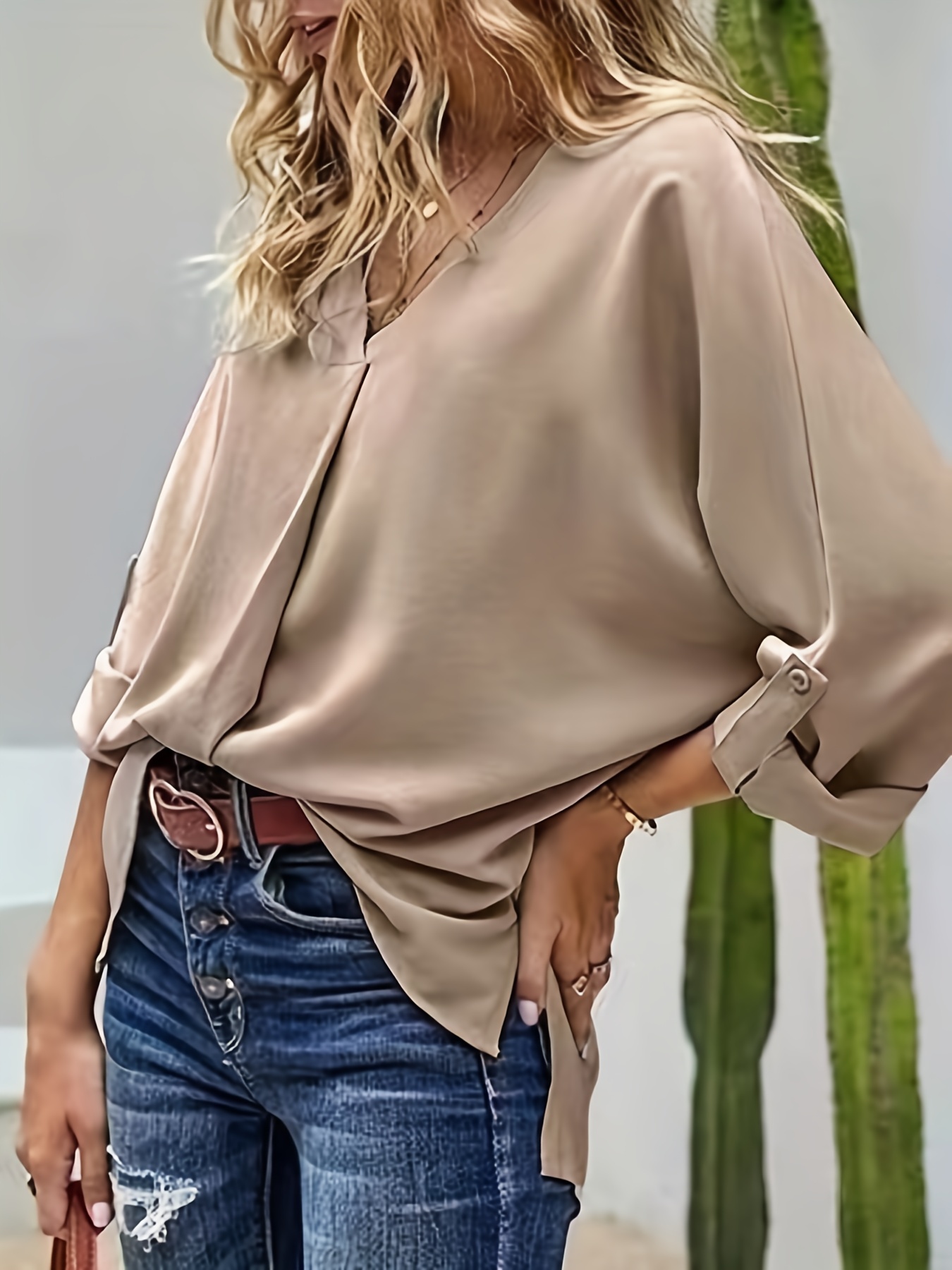 tucked rollable sleeve blouse casual v neck simple blouse womens clothing details 8