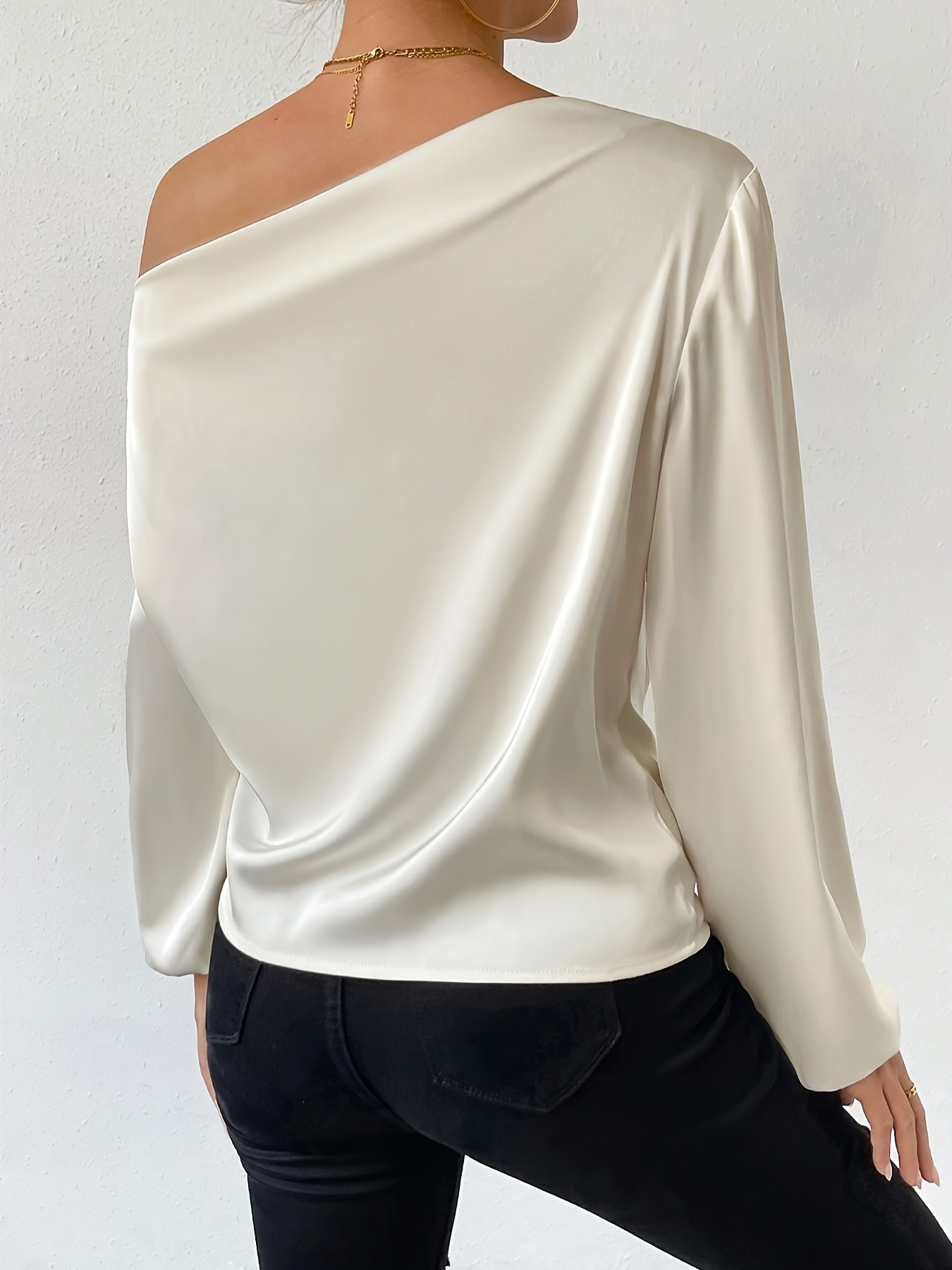 solid one shoulder skew neck blouse elegant long sleeve blouse for spring fall womens clothing details 0