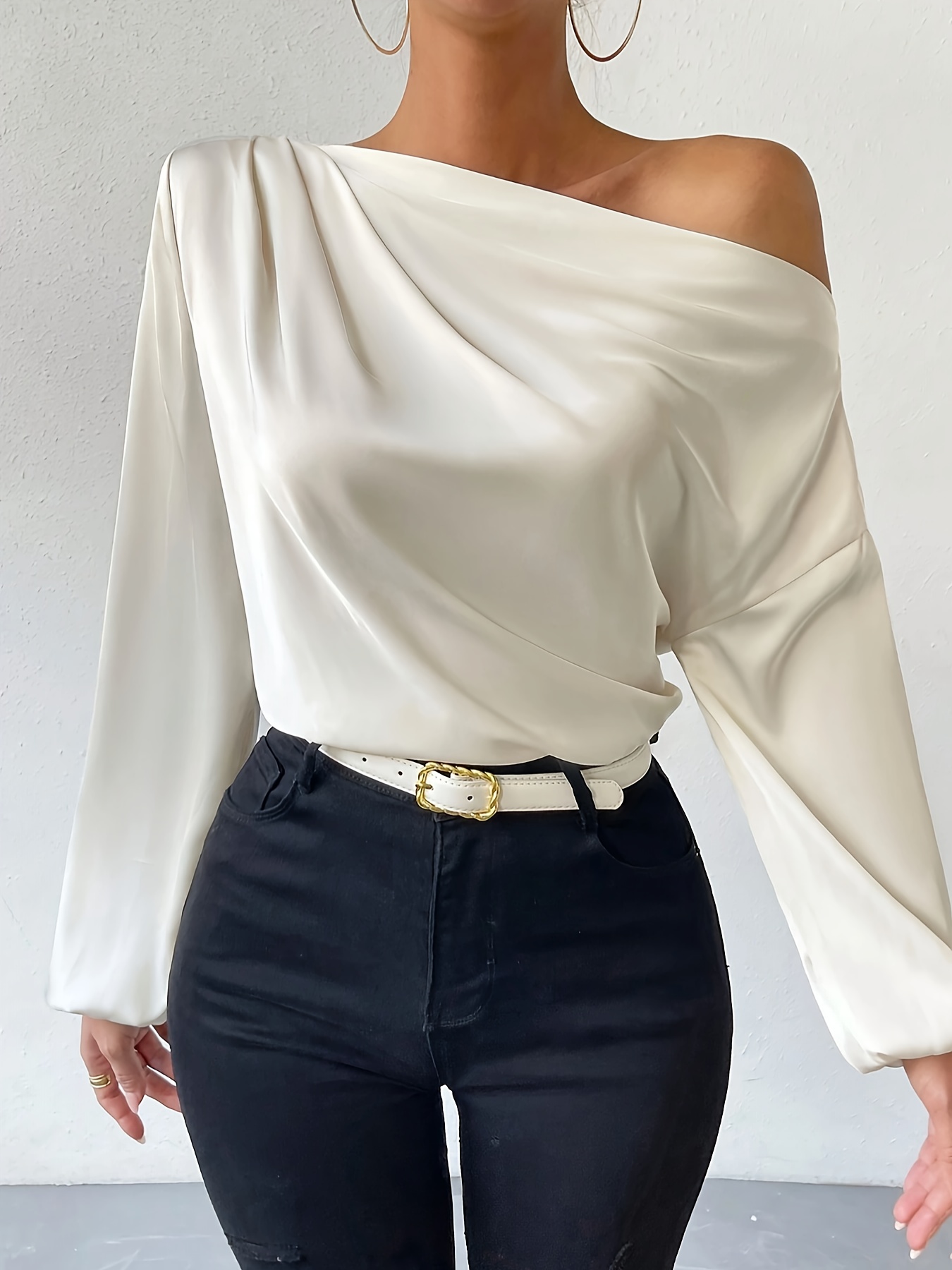 solid one shoulder skew neck blouse elegant long sleeve blouse for spring fall womens clothing details 1